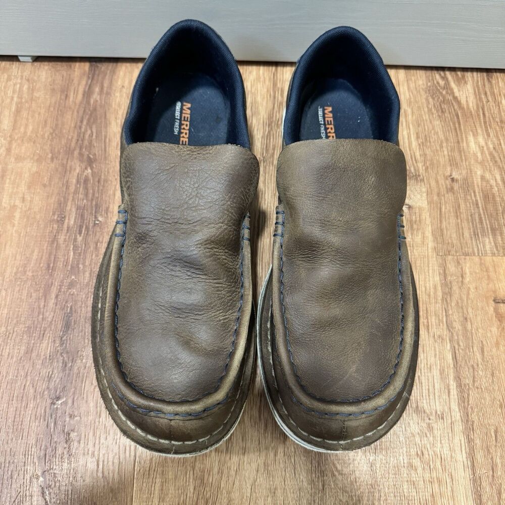 Merrell Men's 9.5 Brown Leather Slip On Low Top Bask Moc Toe Loafers Brindle - Picture 5 of 9
